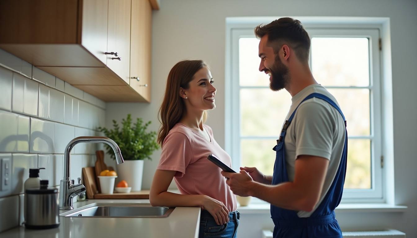 Homeowner talking with a local plumber in a kitchen