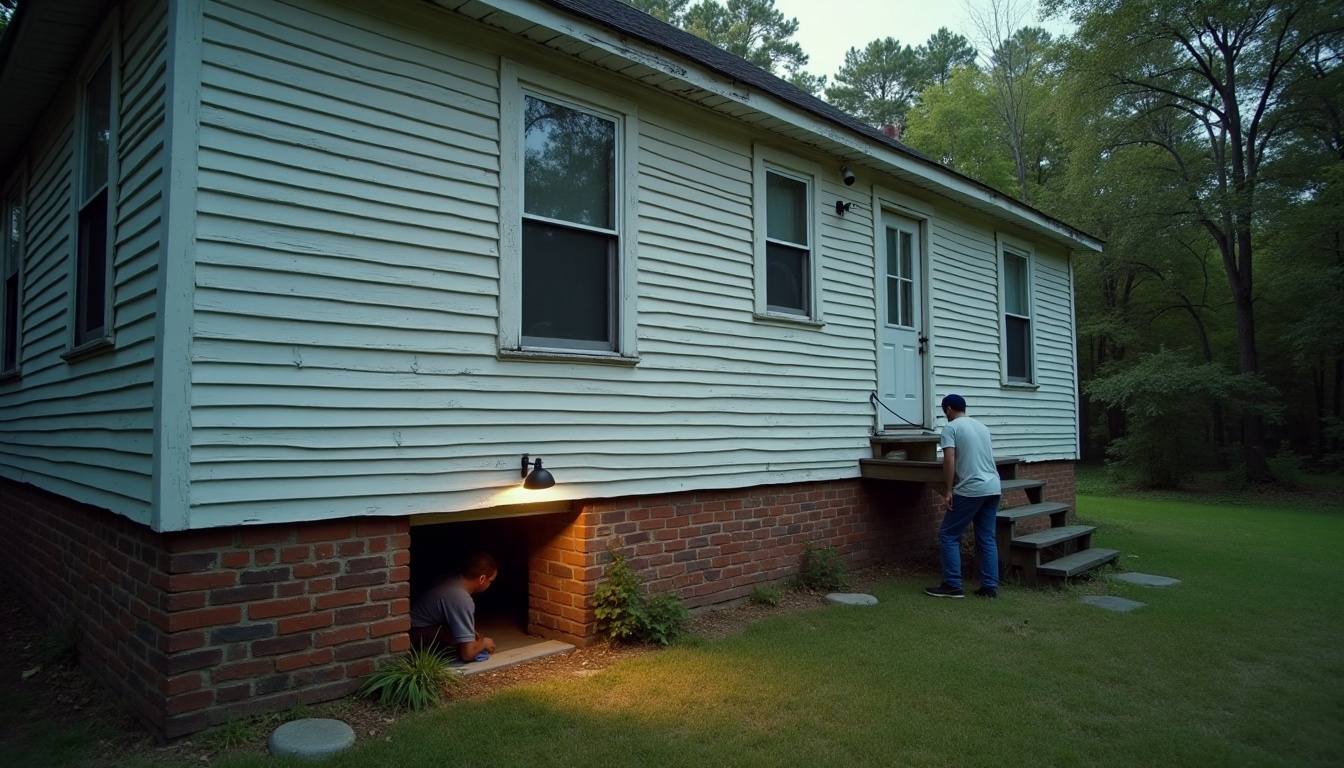 Plumber at a crawlspace door in Bessemer, Alabama