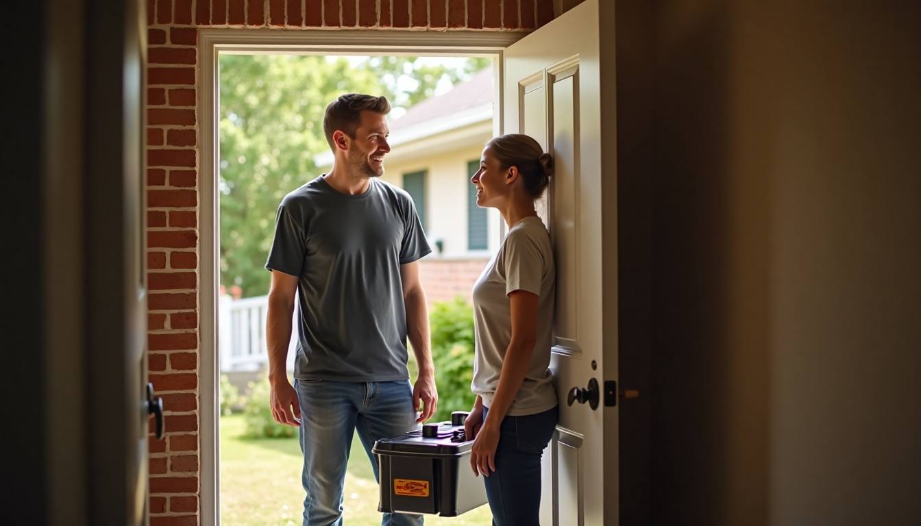 Homeowner greeting a plumber at the front door