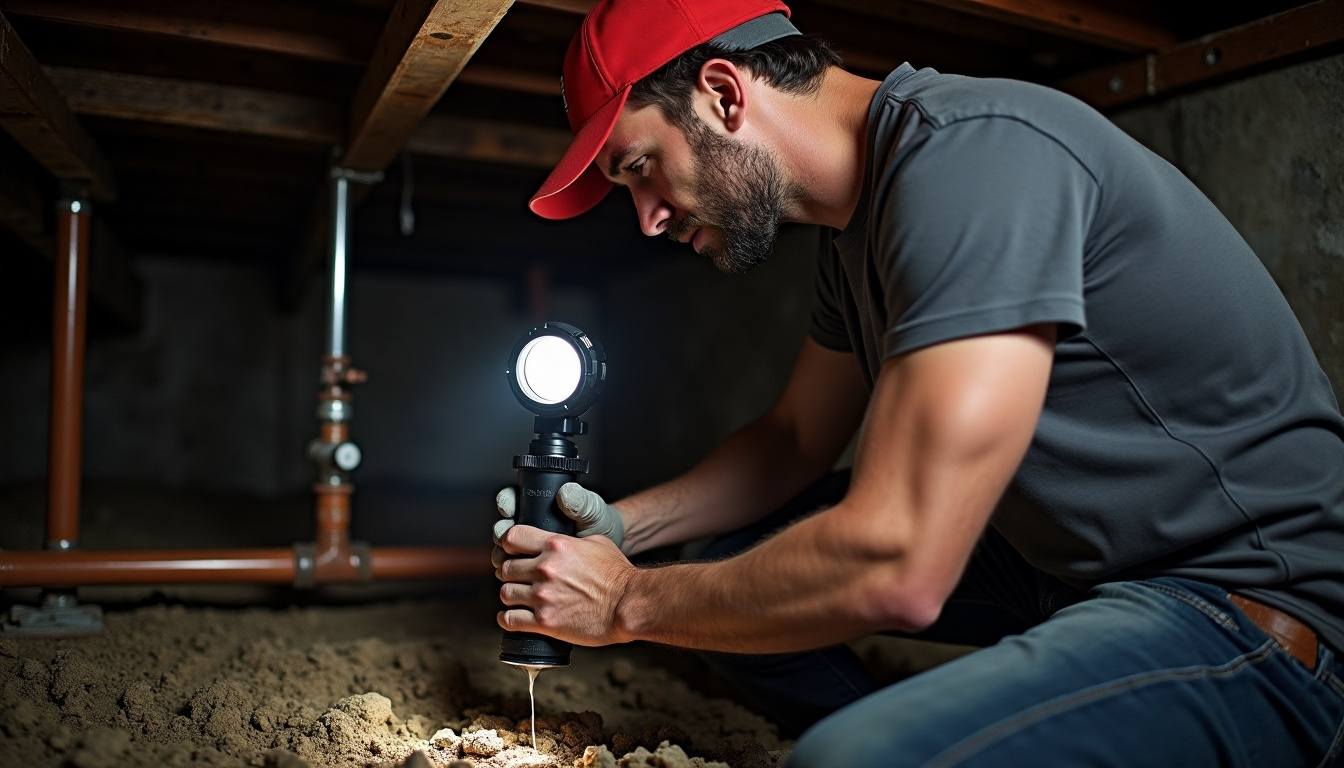 Plumber shutting off a leaking pipe in a crawlspace
