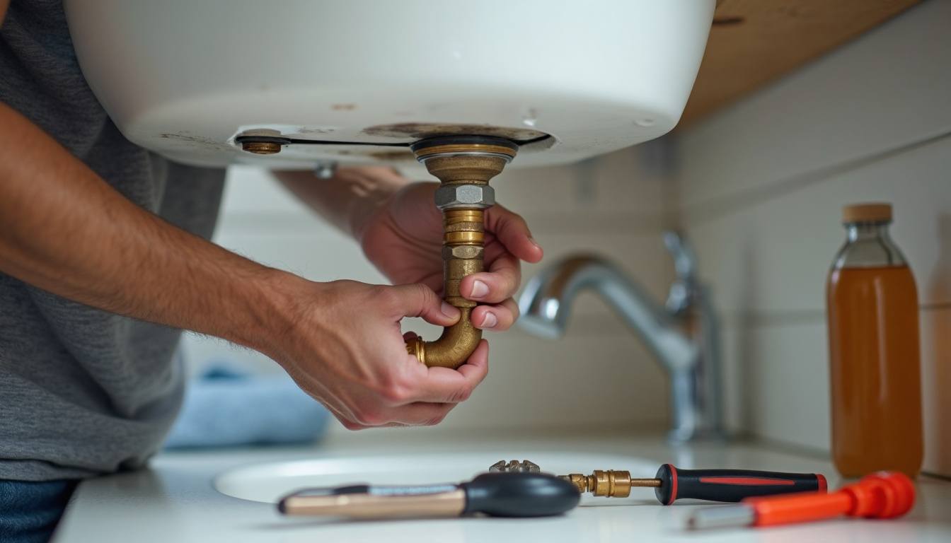 Plumber tightening a supply line under a kitchen sink