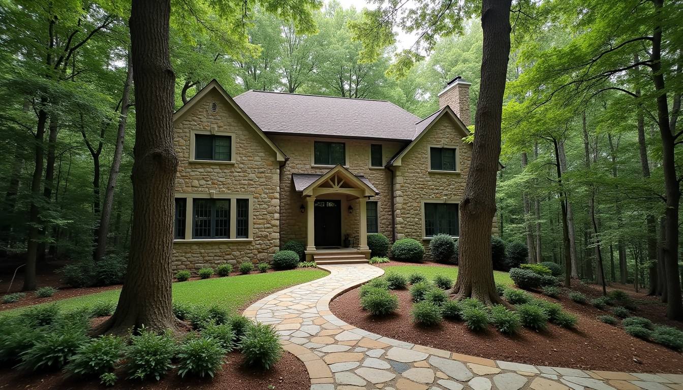 Stone house on a wooded lot in Mountain Brook, Alabama