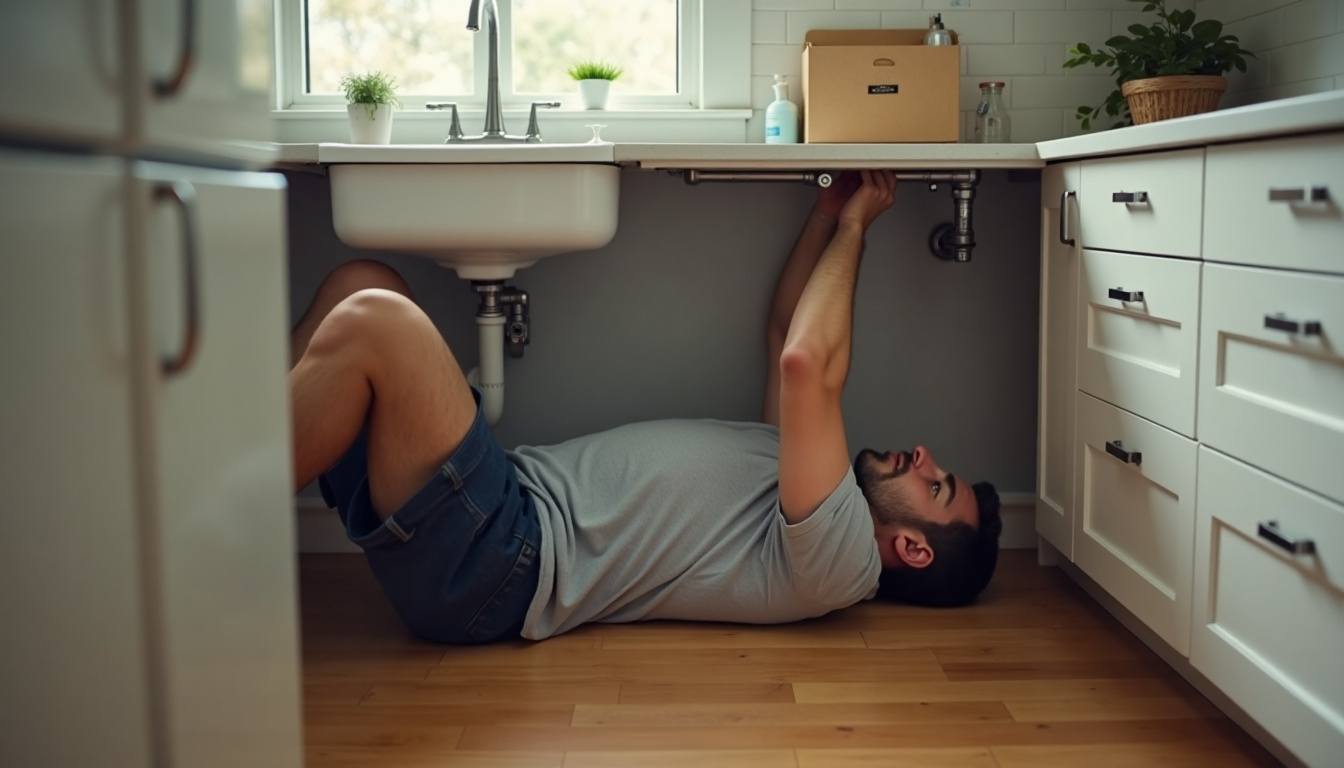 Plumber working under a kitchen sink in a Pelham, Alabama home