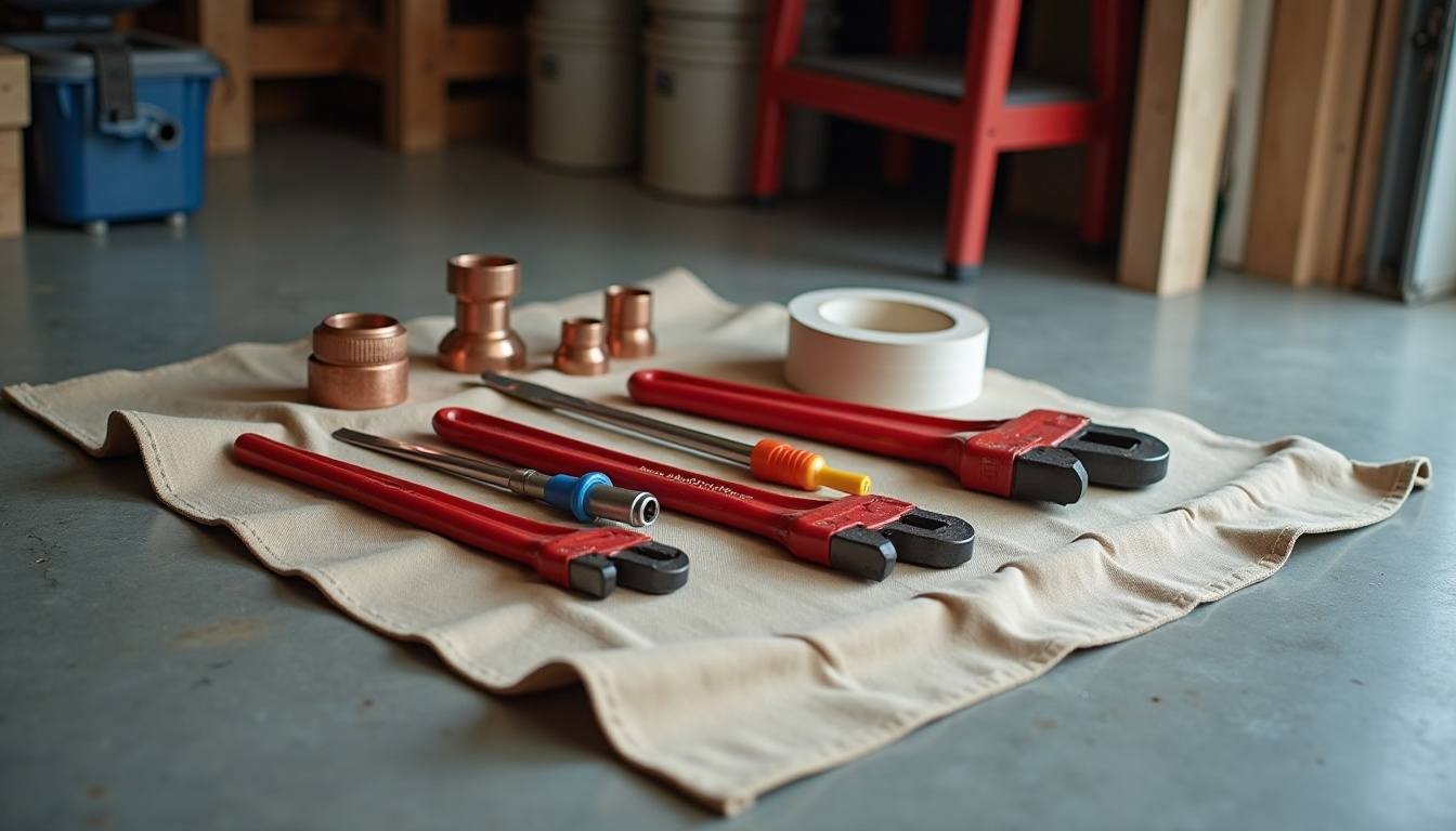 Plumbing tools laid out on a drop cloth